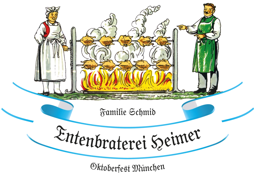 Das Heimer Logo welches 2 Personen abbildet, die sich gegenüber stehen und Enten am Spieß über offener Flamme grillen. Darunter steht geschrieben: Familie Schmid, Entenbraterei Heimer, Oktoberfest München